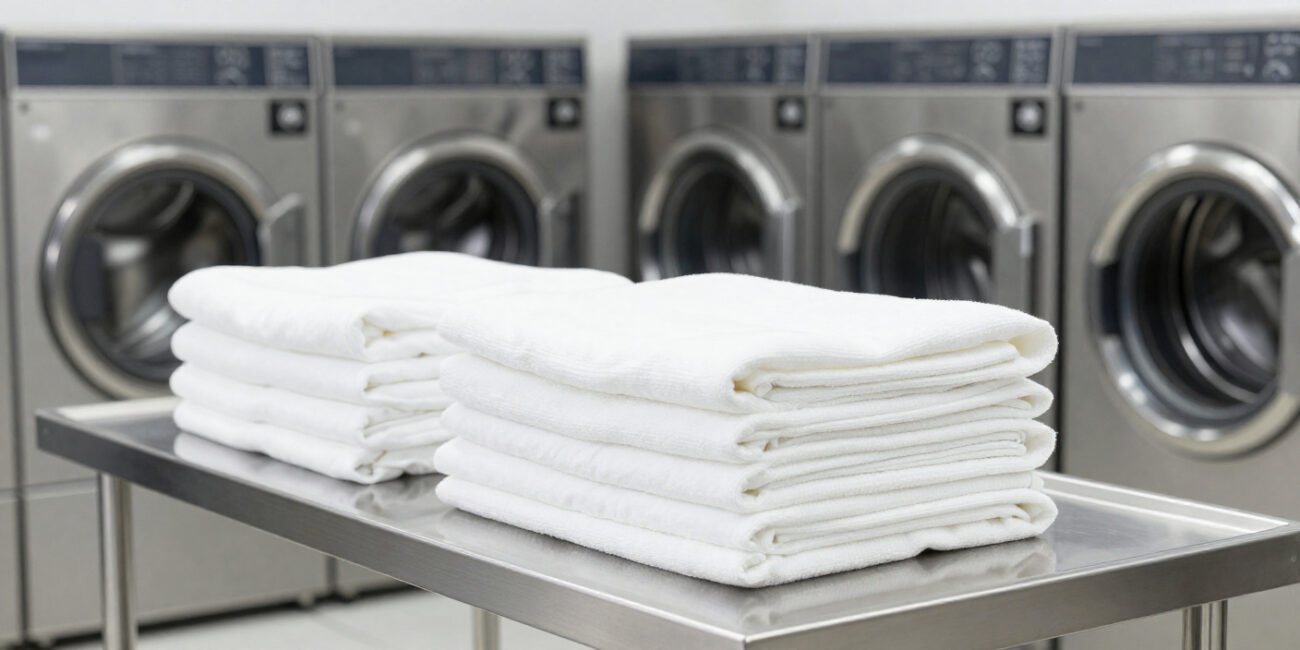 Fresh white towels and bed linens in a commercial laundry room demonstrating professional hotel linen care and washing best practices.