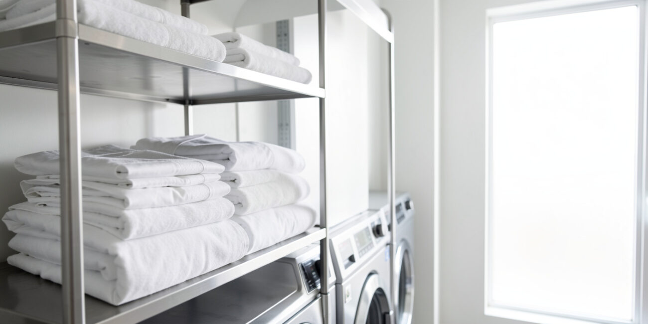 Freshly washed white hotel linens and towels in a commercial laundry, representing hotel linen wash cycles and durability.