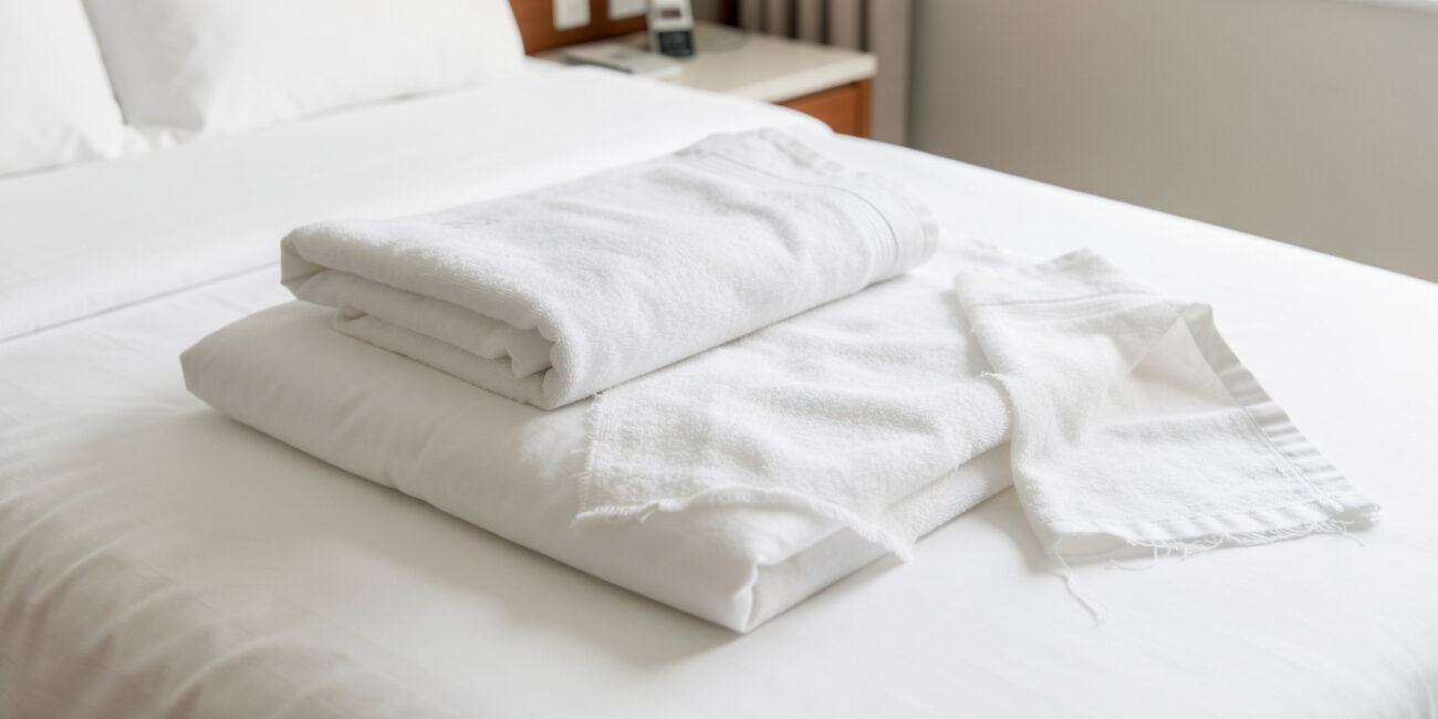 Worn and fresh white hotel linens displayed on a bed showing signs that indicate hotel linen replacement