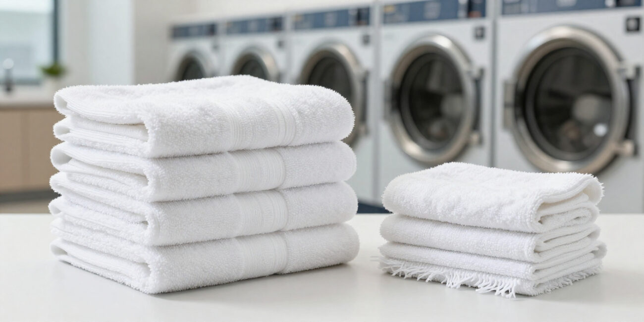 Hotel laundry room showing thick plush towels beside thin frayed towels to illustrate how to prevent towel damage in hotels.
