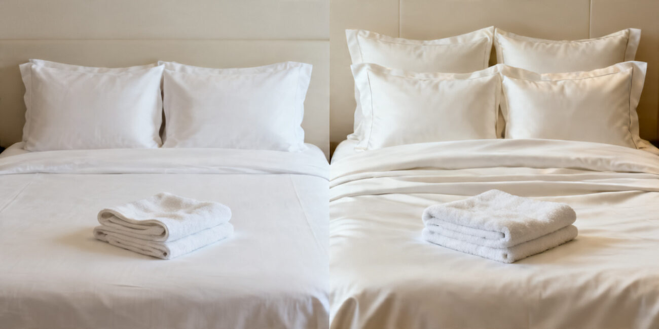 Hotel Linen Quality Expectations in 3-Star vs 5-Star Hotels 10 Comparison of hotel linen quality in 3-star vs 5-star hotels, showing basic bedding versus luxury high-thread-count linens and plush towels in a premium room setting.