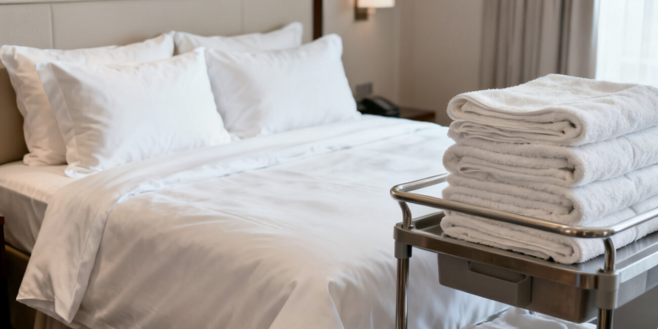 Common Hotel Linen Questions Answered for Hospitality Professionals 8 Neatly arranged white hotel linen with soft towels and a perfectly made bed in a clean modern hotel room highlighting hotel linen quality and hygiene standards