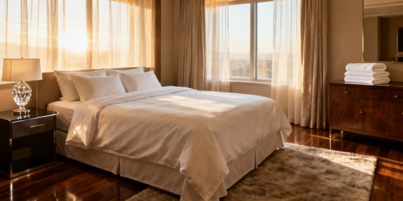 Why Hotels Prefer White Hotel Linen for Guest Rooms 7 White hotel linen on a neatly made hotel bed with clean white towels, showcasing cleanliness, comfort, and premium hospitality standards.