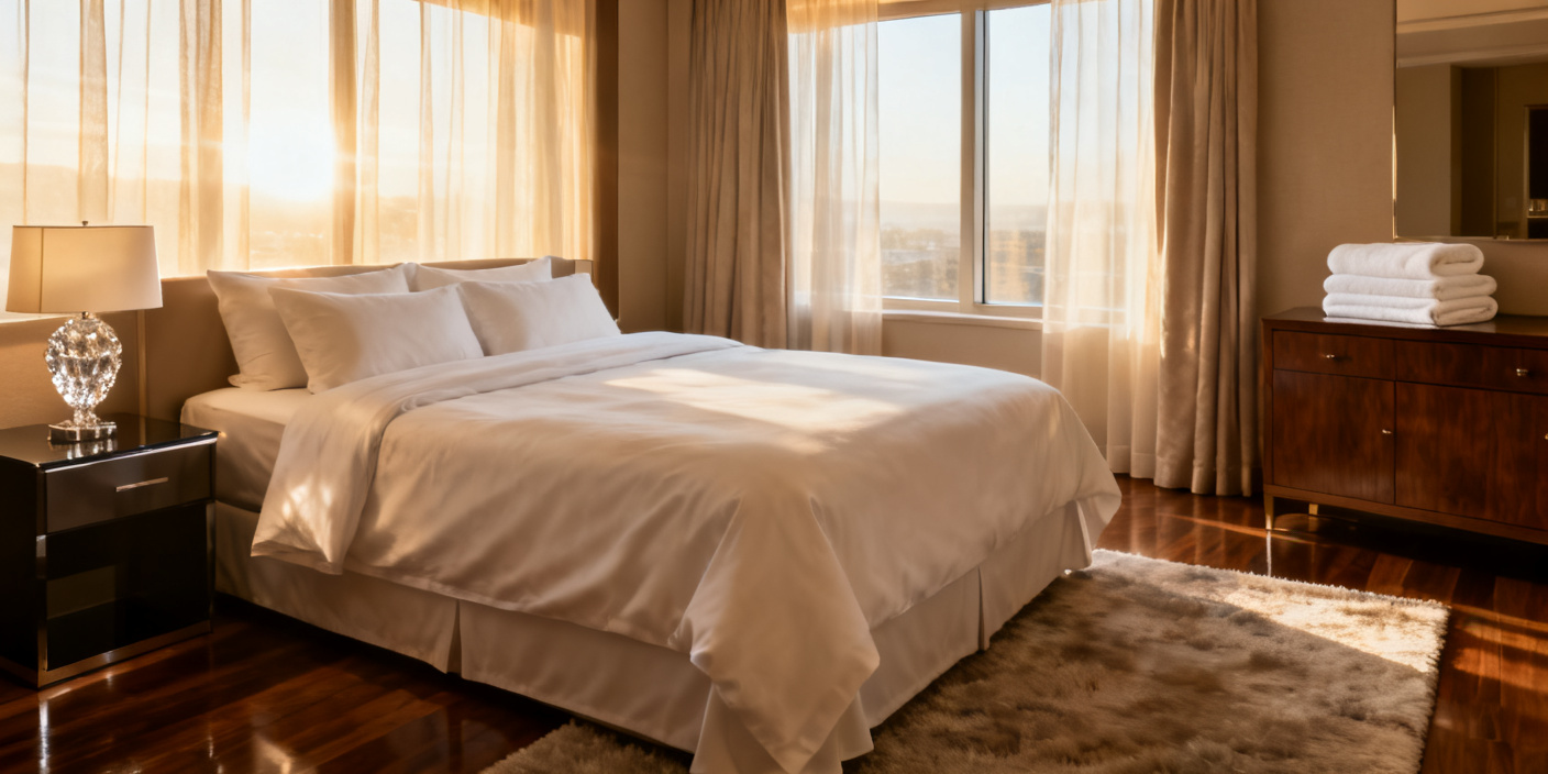 White hotel linen on a neatly made hotel bed with clean white towels, showcasing cleanliness, comfort, and premium hospitality standards.