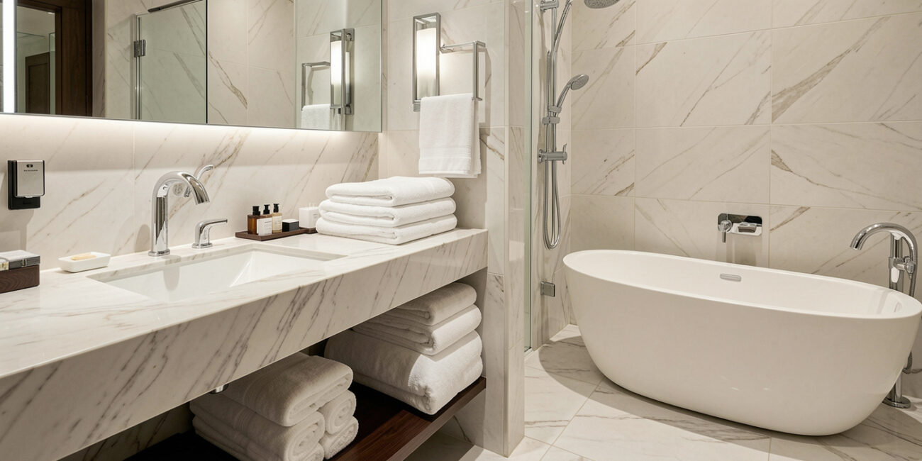 Why Hotel Towels Feel Different: Understanding Hotel Towel Differences 5 Luxury white hotel towels in an elegant hotel bathroom showcasing hotel towel differences in softness texture and quality
