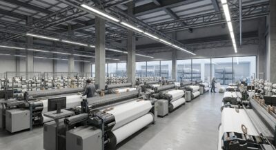 Interior of a modern textile manufacturing facility with rows of industrial looms producing white fabric, bright factory lighting, no people's faces visible, no text or logos