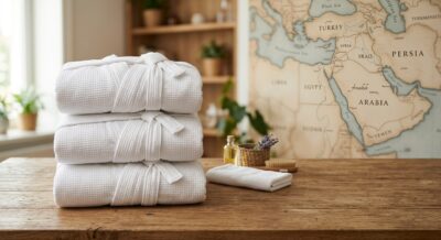 Flat-lay of folded white bathrobes arranged neatly on a large table with a subtle Middle East map or globe motif in soft focus background, professional commercial photography style, no text