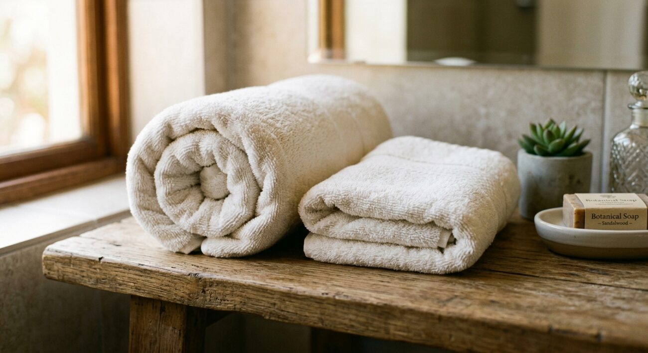 Close-up of a rolled bath towel and matching folded face towel set placed on a wooden shelf, boutique interior styling, soft natural light