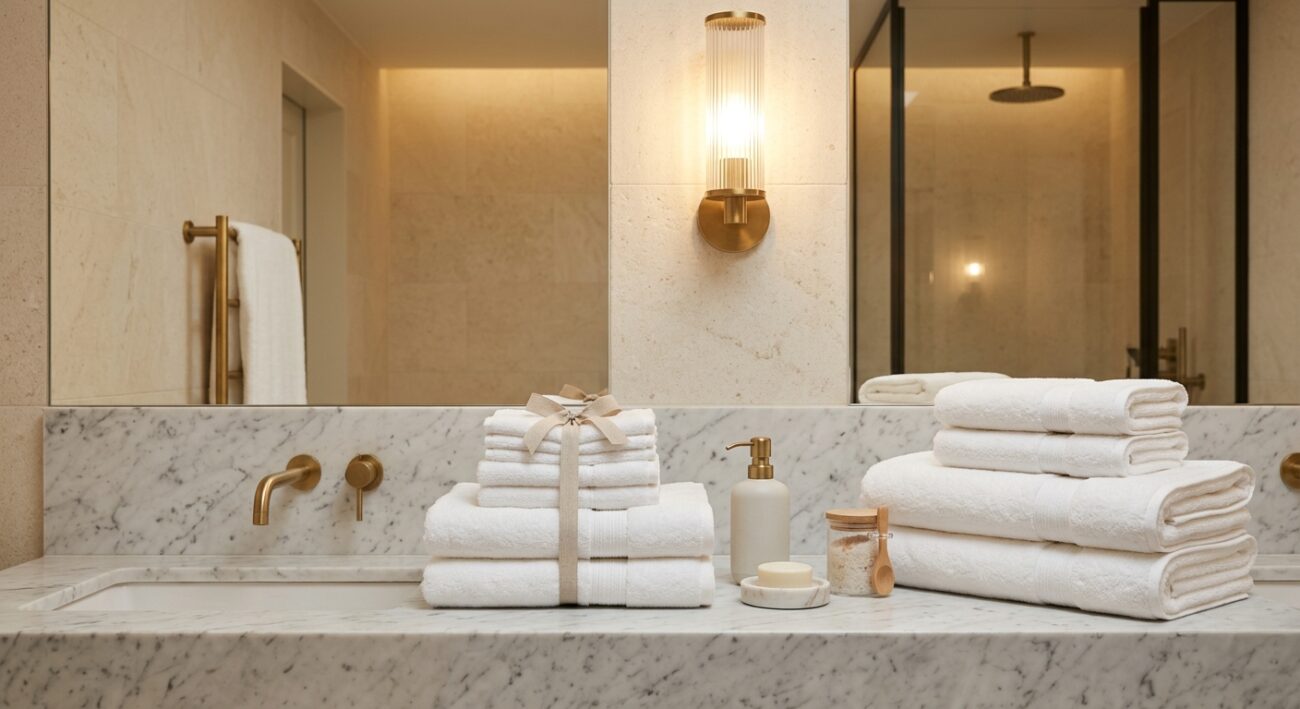 Boutique Hotel Towel Sets: Curating a Premium Guest Bathroom Experience 4 Elegant boutique hotel bathroom with neatly folded plush white bath and face towels on a marble counter, warm designer lighting, minimal styled composition, no text or logos