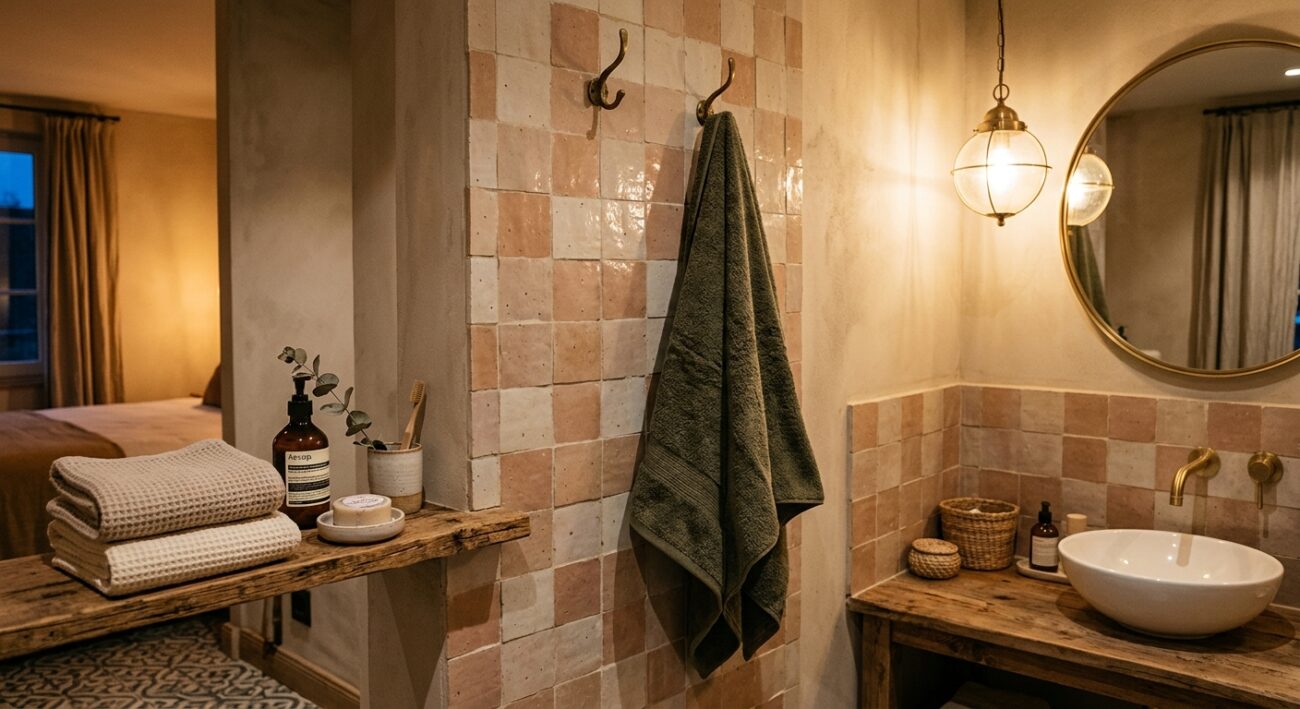 Small boutique hotel room bathroom corner with a single hanging bath towel and neatly folded face towels, warm intimate lighting, design-focused composition