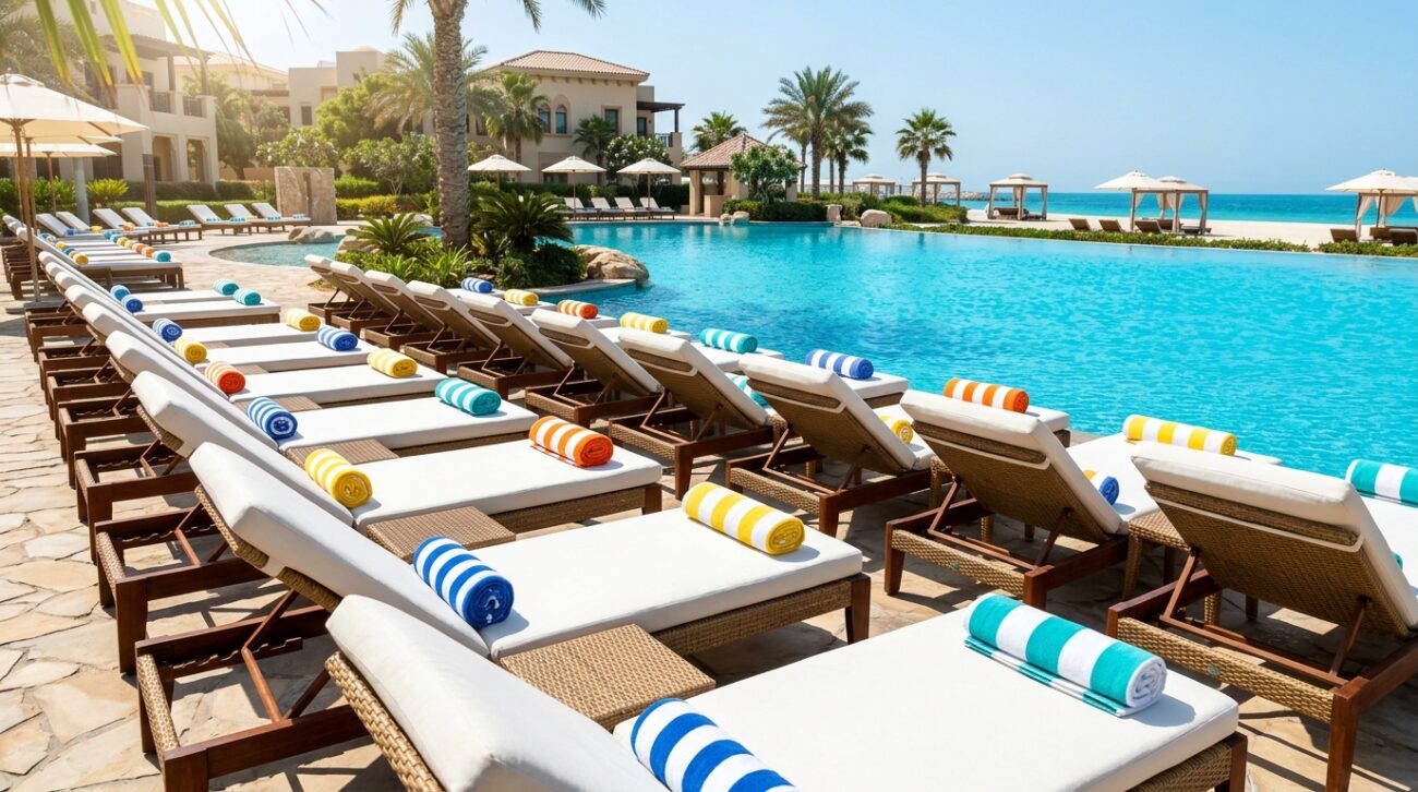 Hotel Pool Towel Supplier for the GCC Region: A Regional Guide 3 Rows of colorful striped pool towels neatly arranged on poolside loungers at a luxury Gulf beach resort, bright sunny day, turquoise pool water in background