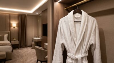 A single plush white terry bathrobe hanging on an elegant wooden hanger in a luxury hotel room, soft warm lighting, high-end interior styling, no text or logos