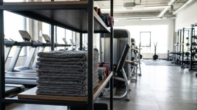 Neat stack of grey gym towels on a shelf beside modern fitness equipment, bright gym interior lighting, no people, no text or logos