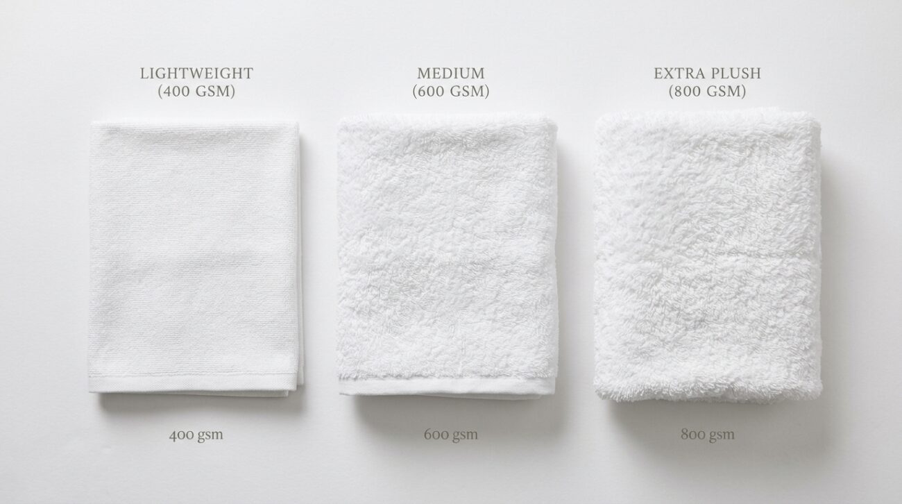 Hotel Bath Sheets Supplier UAE: A Complete Buying Guide 2 Flat-lay comparison of three folded bath towels of different thicknesses (GSM levels) side by side, labeled subtly by texture, clean white background, editorial product photography style