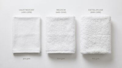 Flat-lay comparison of three folded bath towels of different thicknesses (GSM levels) side by side, labeled subtly by texture, clean white background, editorial product photography style
