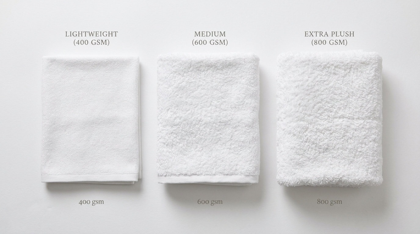 Flat-lay comparison of three folded bath towels of different thicknesses (GSM levels) side by side, labeled subtly by texture, clean white background, editorial product photography style
