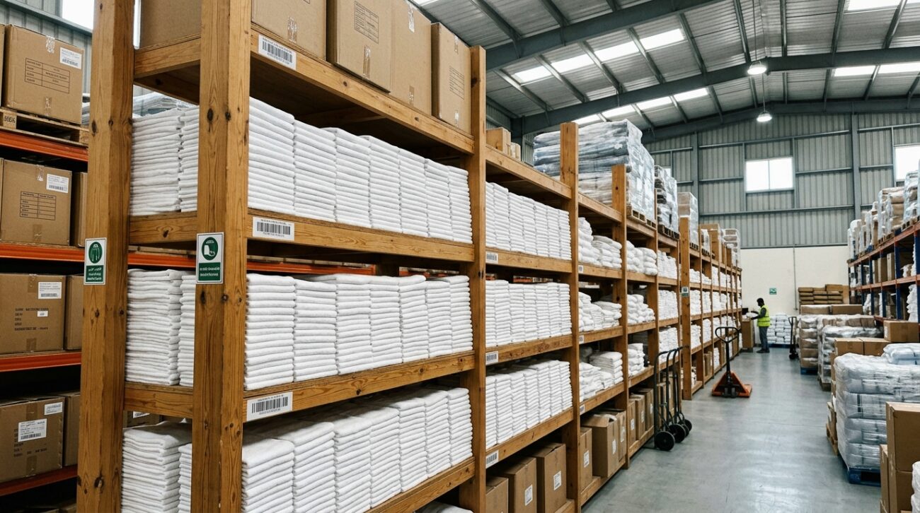 Hotel Face Towels Wholesale UAE: A Bulk Buying Guide 1 Neatly stacked rows of small white hotel face towels on wooden warehouse shelving, wholesale distribution setting, bright even lighting, UAE textile warehouse aesthetic